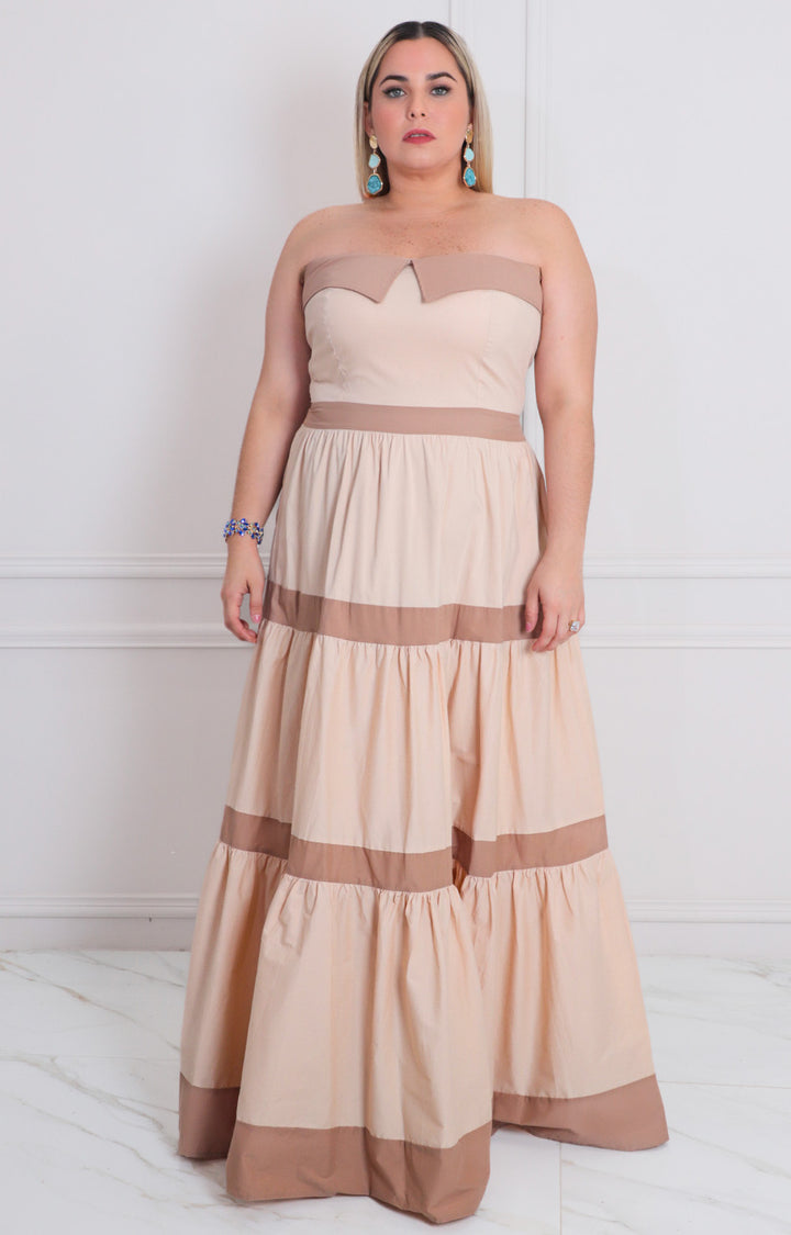 Vestido beige strapless con moños - VESTIDO LARGO CURVY Boutiquemirel 