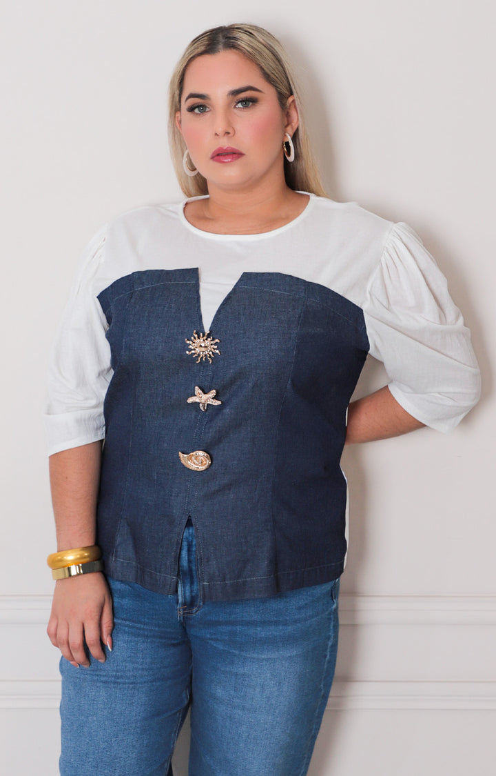 Blusa denim con mangas - BLUSAS CURVY Boutiquemirel 