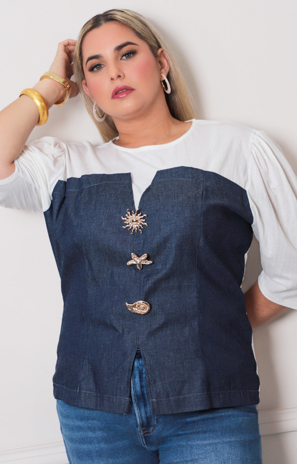Blusa denim con mangas - BLUSAS CURVY Boutiquemirel 