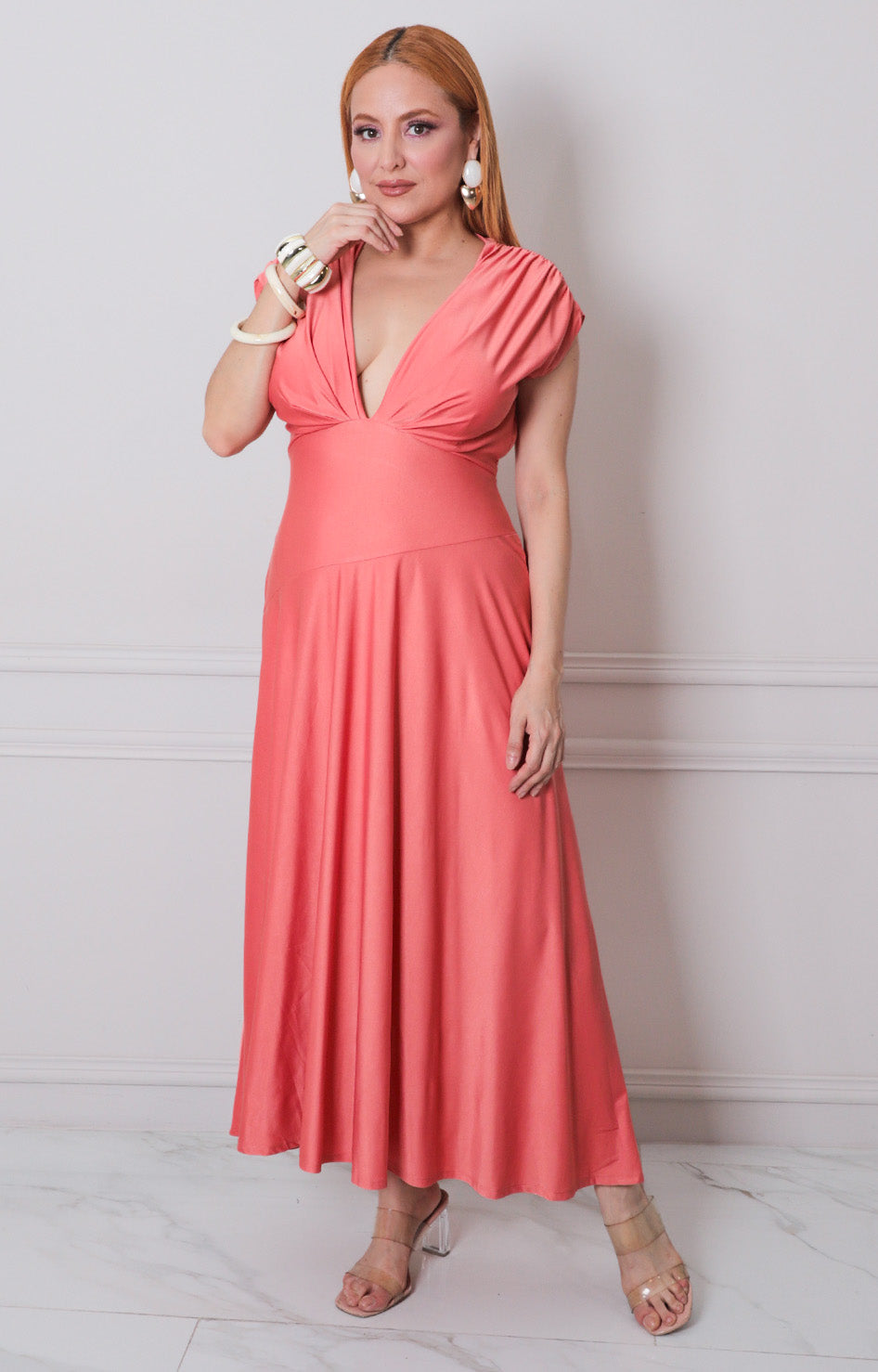 Vestido naranja con drapeado - VESTIDO LARGO REGULAR Boutiquemirel 