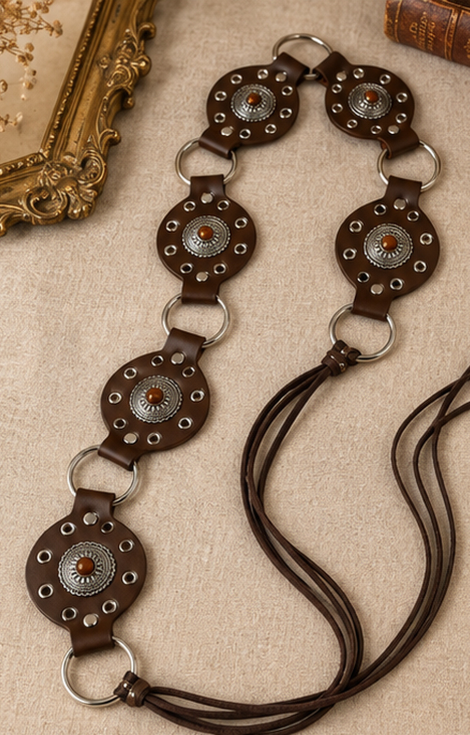 Cinturón de conchos metálicos Boutiquemirel, diseño decorativo en metal para complementar atuendos.