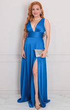 Vestido azul satinado con escote - VESTIDO LARGO REGULAR Boutiquemirel 