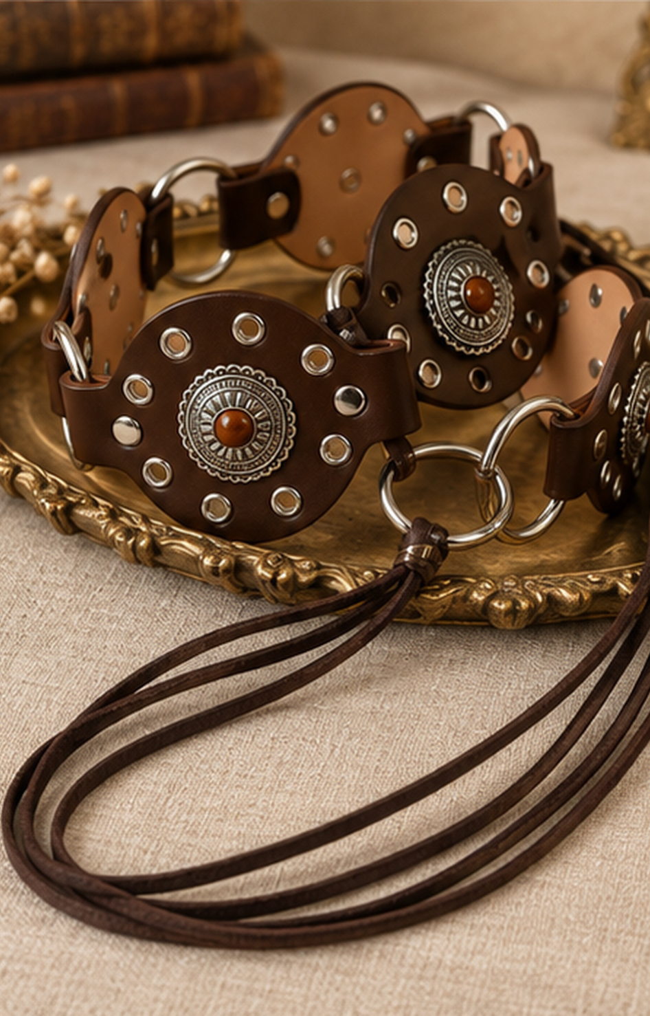 Cinturón de conchos metálicos Boutiquemirel en color negro con hebilla decorativa y detalles metálicos visibles