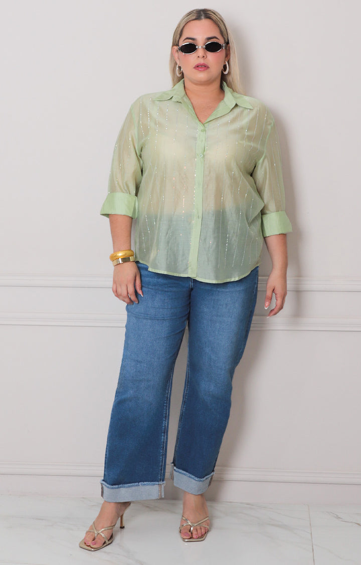 Blusa azul con manga larga - BLUSAS CURVY Boutiquemirel 