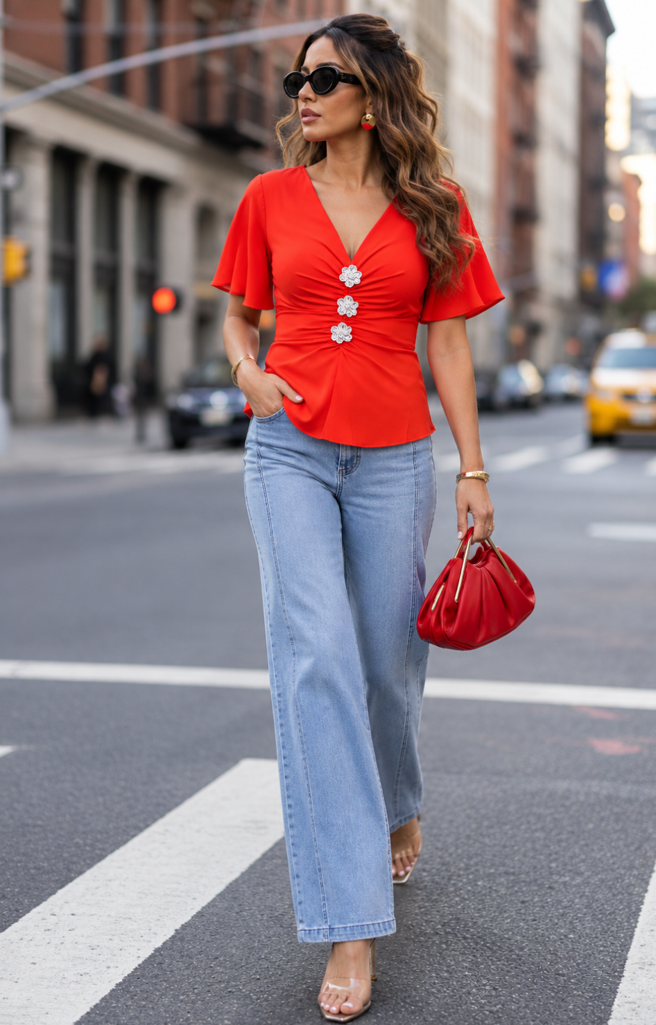Pantalón de mezclilla con pierna ancha y costuras