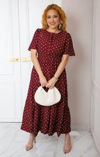 Vestido largo vino a lunares con escote en V