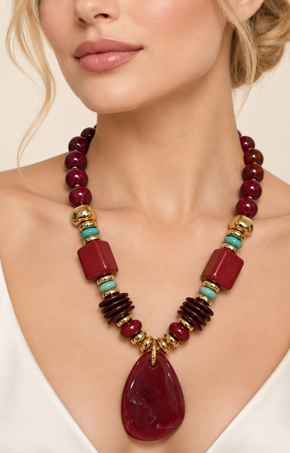Collar llamativo de piedras vino con dije de gota
