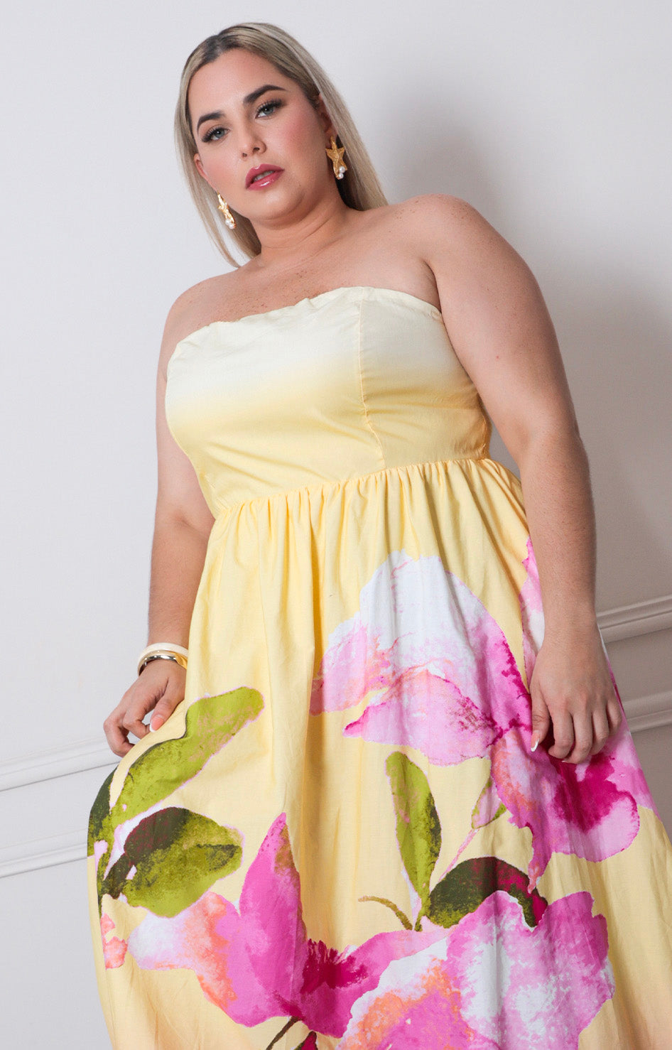 Vestido amarillo strapless - VESTIDO LARGO CURVY Boutiquemirel 