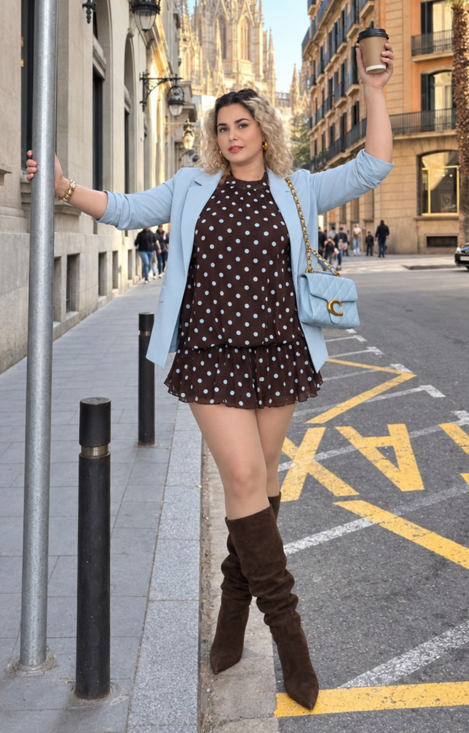 Vestido café halter polka dots