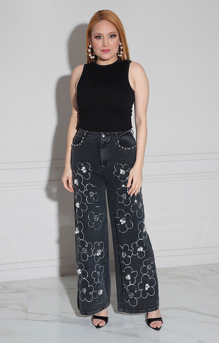 Pantalón denim con perlas
