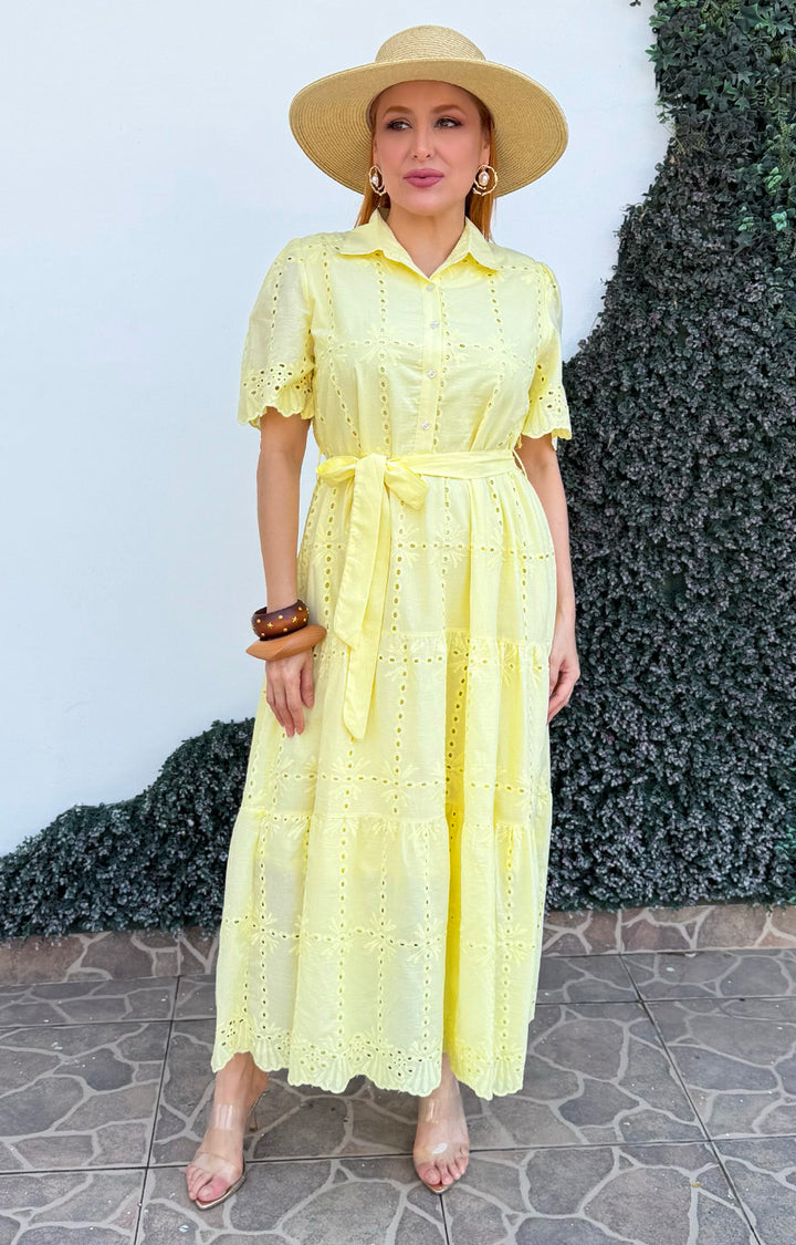 Vestido amarillo de tira bordada y lazo - VESTIDO LARGO REGULAR Boutiquemirel 