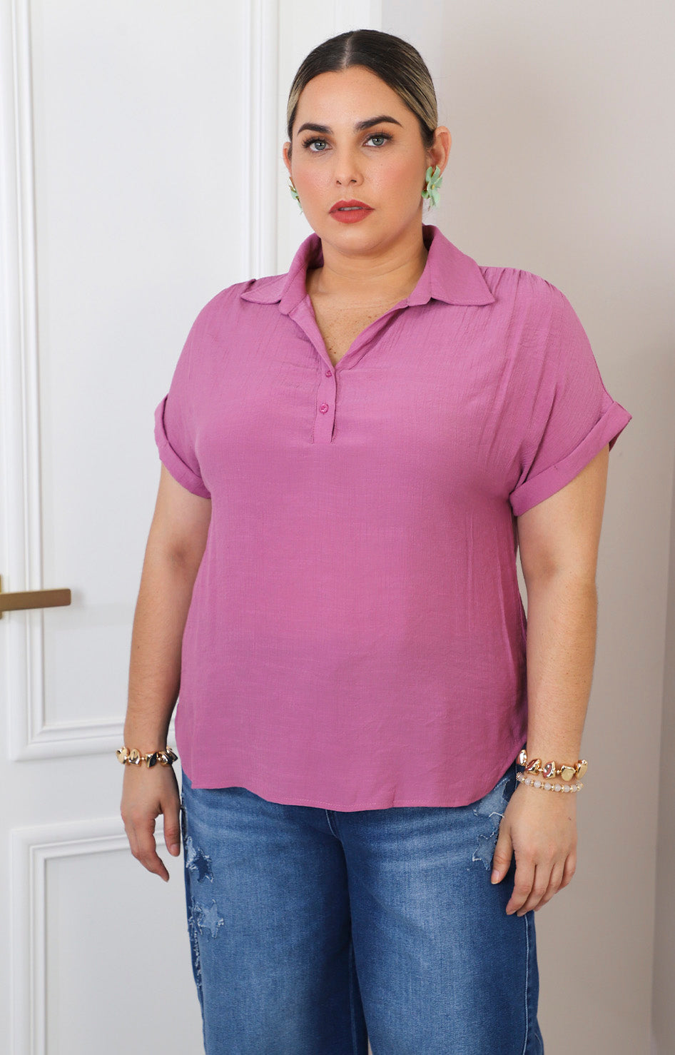 Blusa lila con cuello camisero