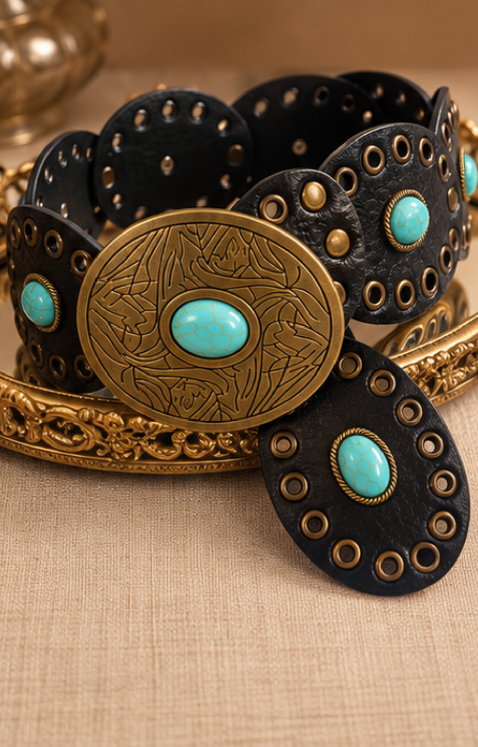 Cinturón de conchos negro con turquesa Boutiquemirel, diseño vaquero con detalles metálicos visibles
