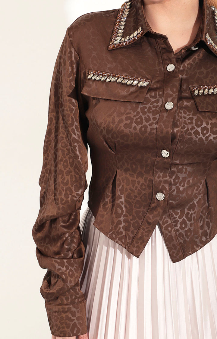 Camisera café satinada con brillos - BLUSA Boutiquemirel 