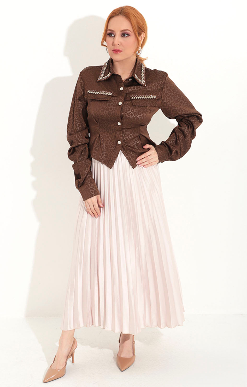 Camisera café satinada con brillos - BLUSA Boutiquemirel 