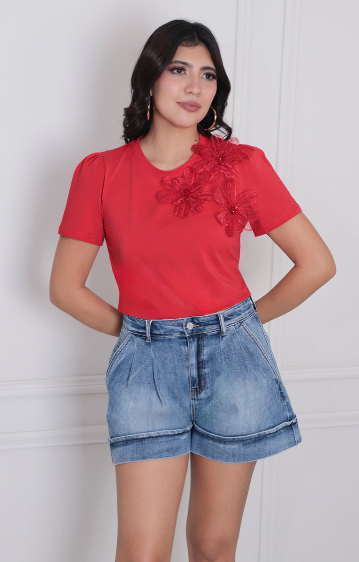 Blusa roja con flores 3D - BLUSAS REGULAR Boutiquemirel 