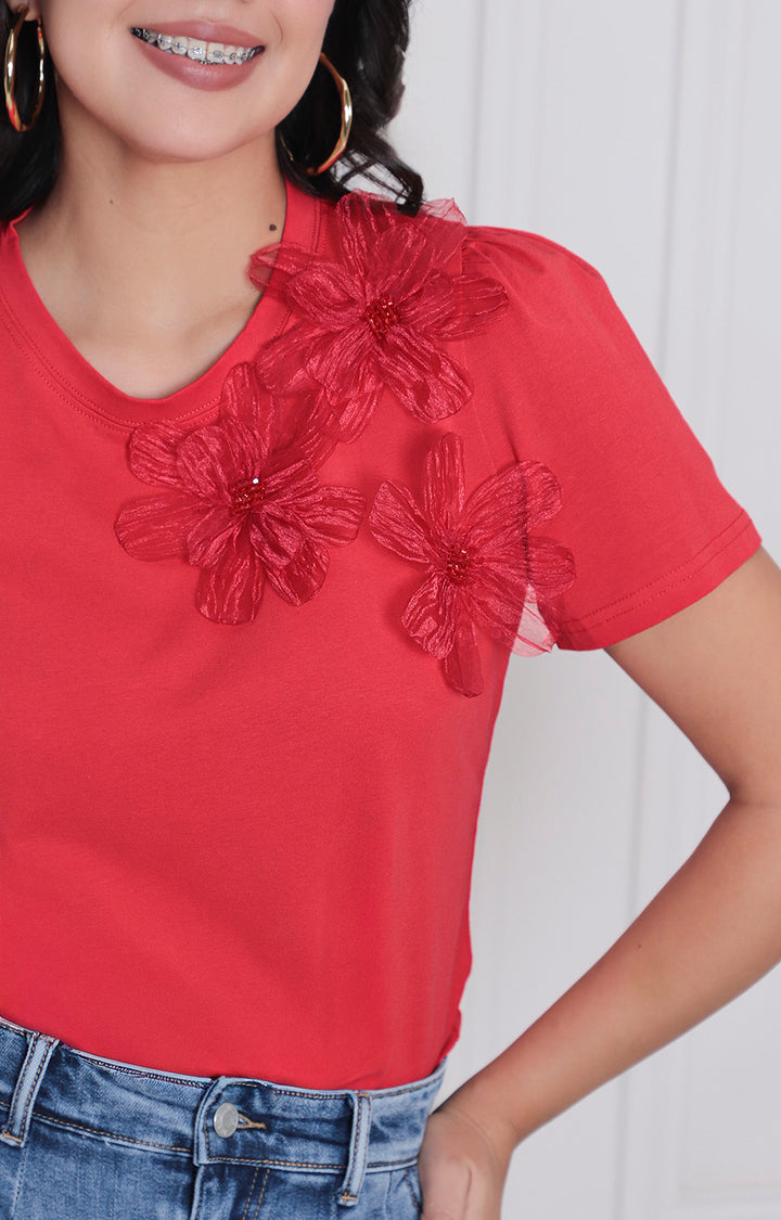 Blusa roja con flores 3D - BLUSAS REGULAR Boutiquemirel 