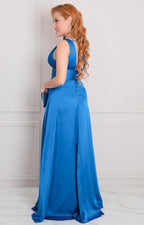Vestido azul satinado con escote - VESTIDO LARGO REGULAR Boutiquemirel 