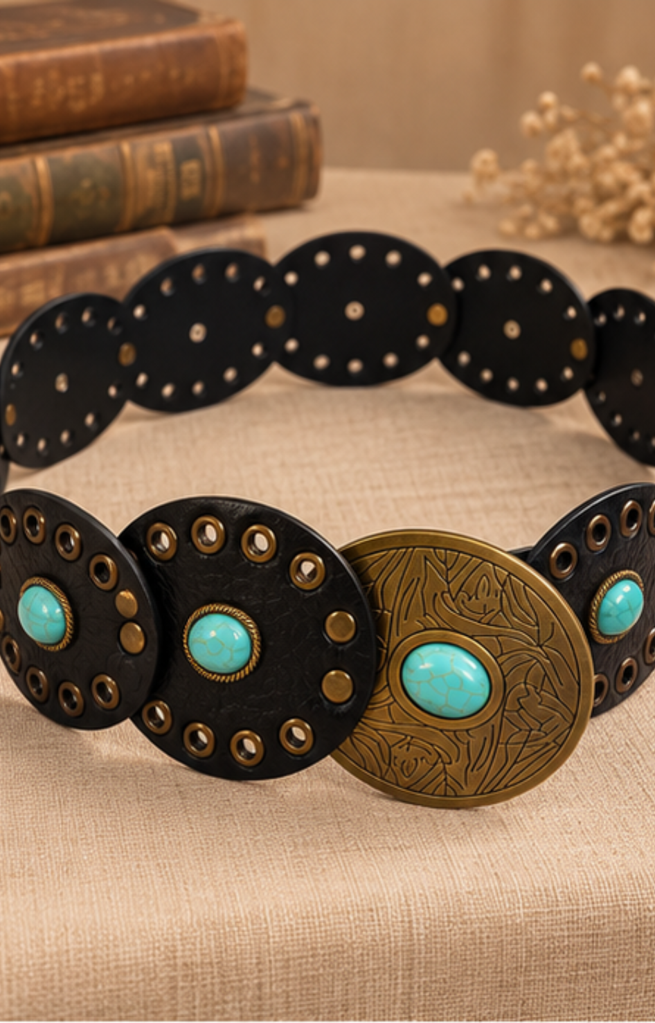 Cinturón de conchos negro con turquesa Boutiquemirel, diseño vaquero con detalles metálicos y piedras turquesa