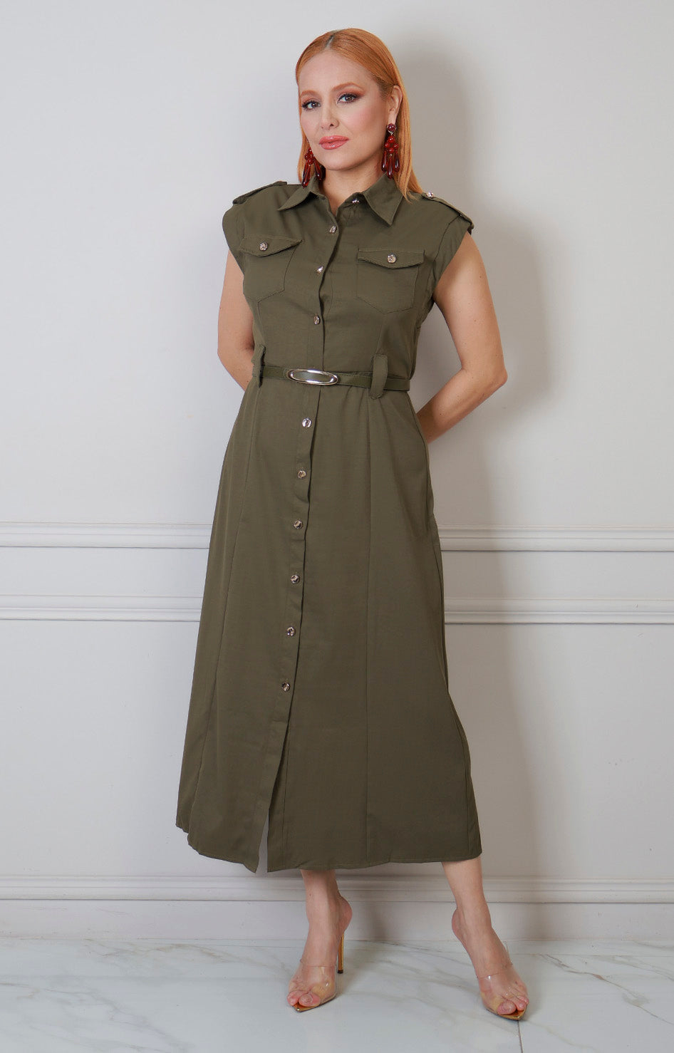 Vestido camisero verde largo sin manga