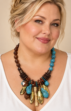 Collar llamativo boho café con piedras turquesa