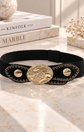 Cinturón ancho tipo faja Boutiquemirel con placa dorada, diseño elegante y ajustable para mujer.