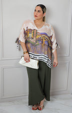Blusa con estampado de paisaje y lazos