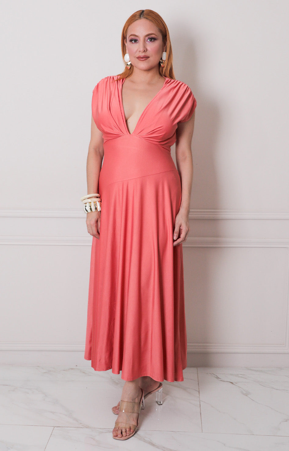 Vestido naranja con drapeado - VESTIDO LARGO REGULAR Boutiquemirel 