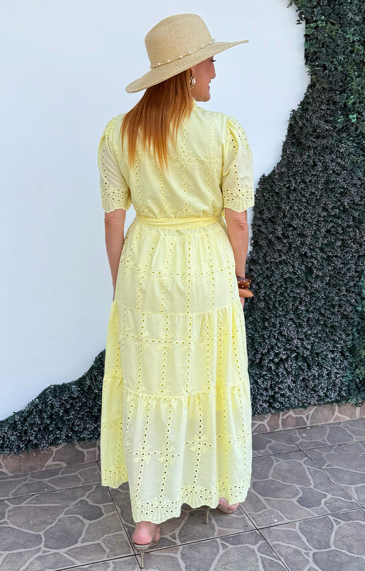 Vestido amarillo de tira bordada y lazo - VESTIDO LARGO REGULAR Boutiquemirel 