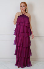 Vestido largo con olanes halter