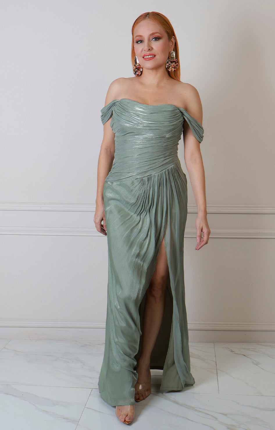 Vestido largo verde drapeado