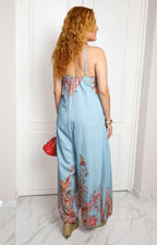 Palazzo azul con cuello en v y estampado floral