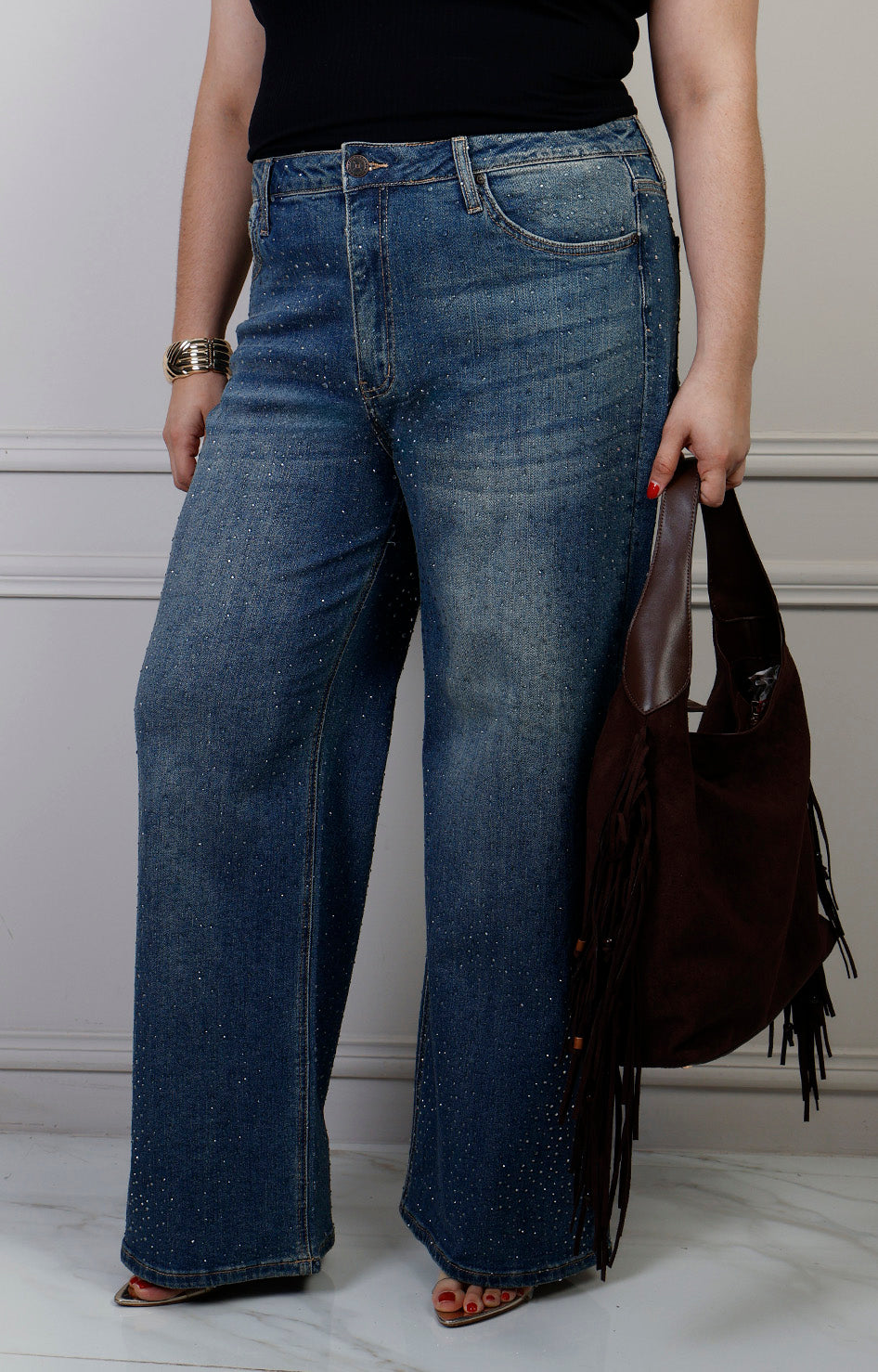 Pantalón de mezclilla curvy Boutiquemirel azul con brillos visibles en la tela