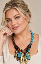 Collar llamativo boho café con piedras turquesa