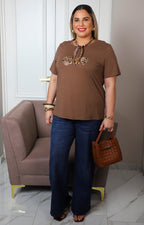 Blusa café con lazo animal print