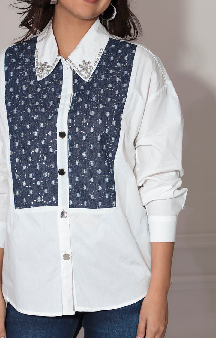 Blusa blanca con denim - BLUSA Boutiquemirel 