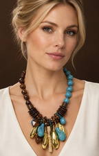 Collar llamativo boho café con piedras turquesa