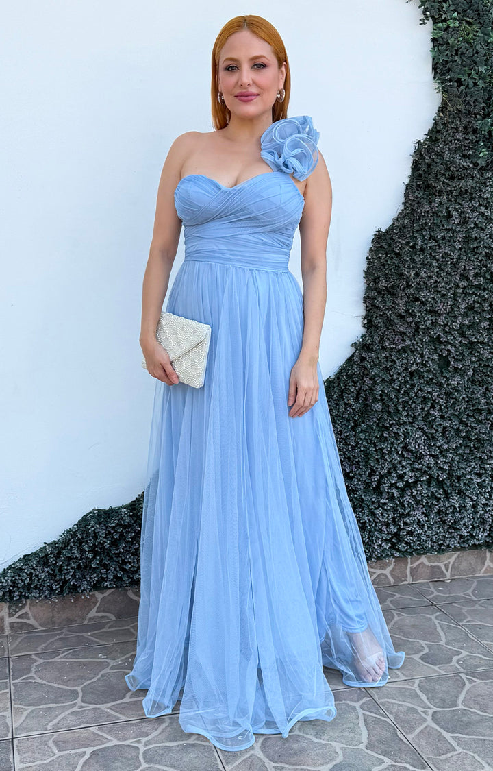 Vestido azul con escote fruncido - VESTIDO LARGO REGULAR Boutiquemirel 