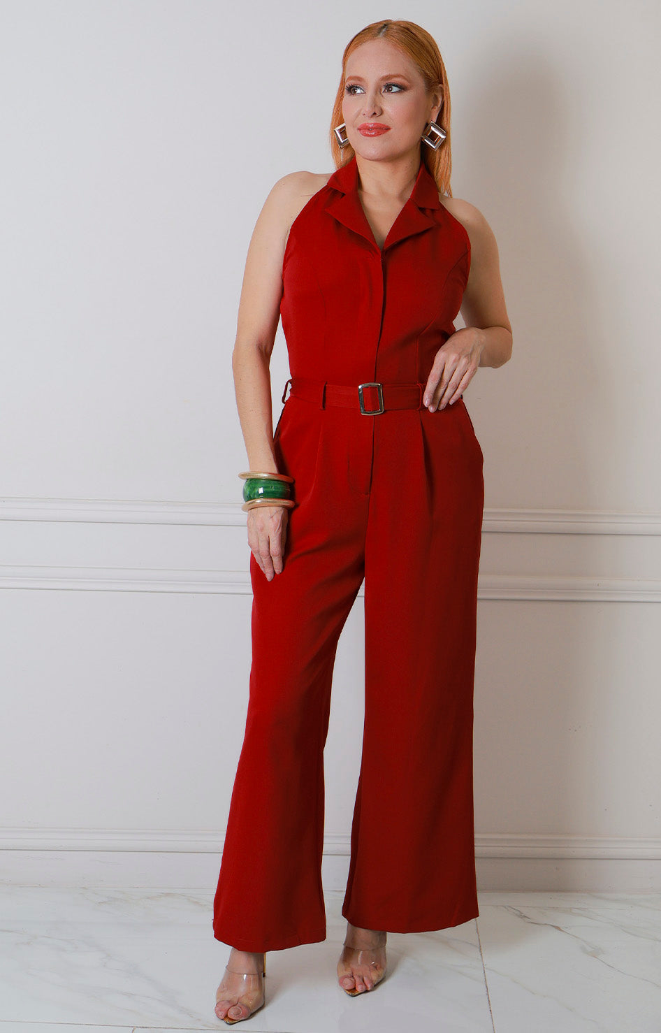 Palazzo vino de Boutiquemirel con pierna ancha y cuello halter ensalzado