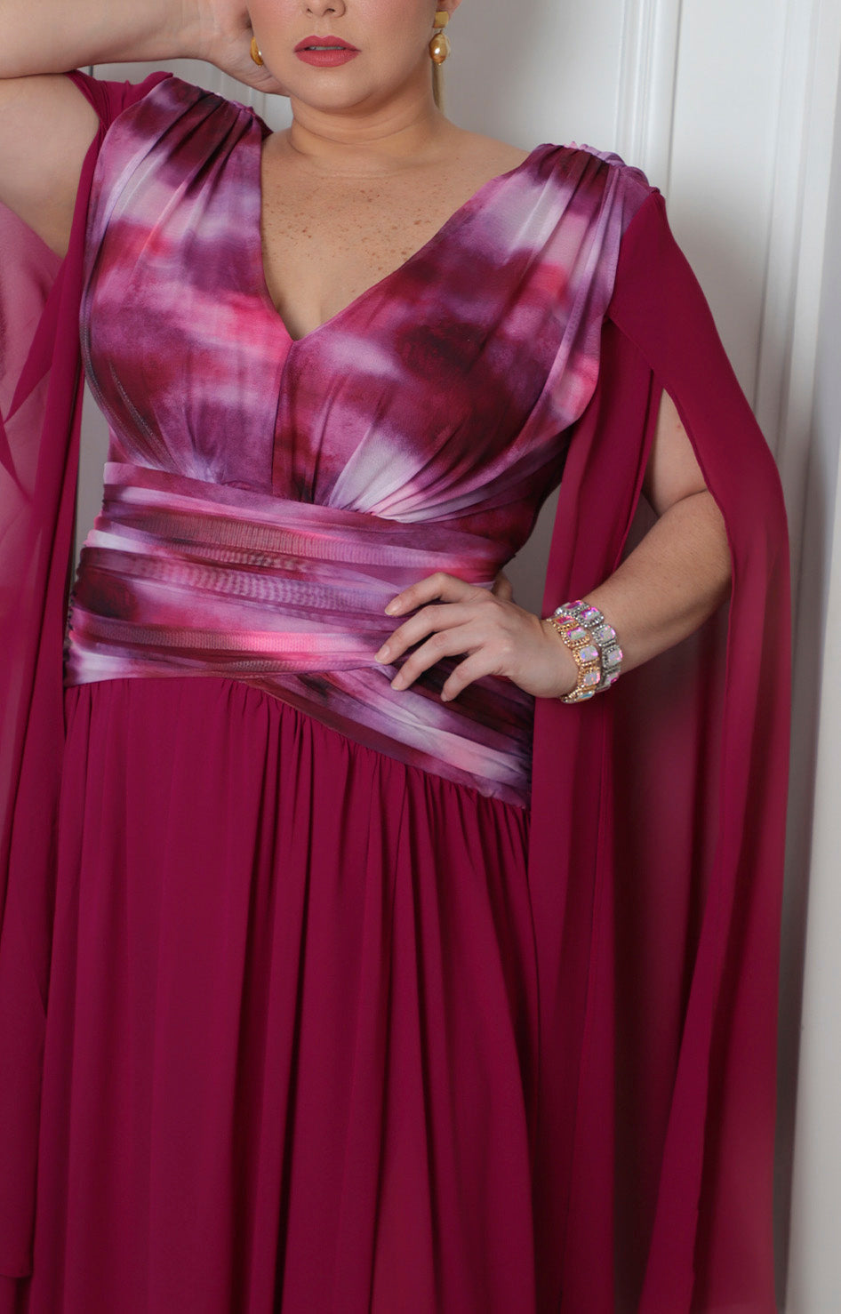 Vestido largo con drapeado y degradado