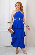 Vestido azul halter con olanes