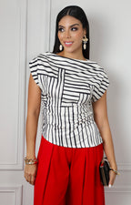 Blusa beige a rayas con cintura fruncida