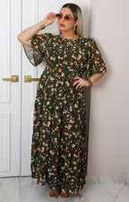 Vestido largo floral verde con mangas globo