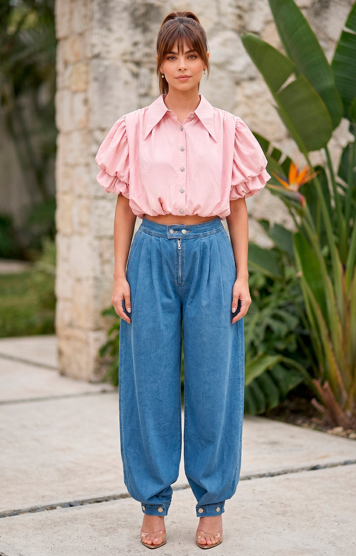 Blusa corta con mangas globo