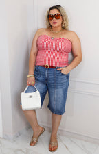 Blusa strapless a cuadros con broche