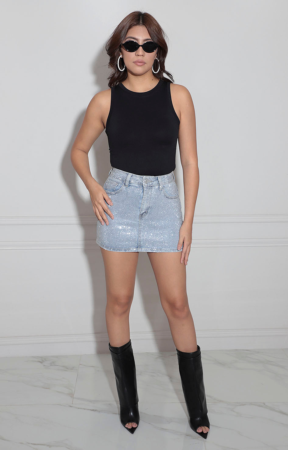 Falda denim brillosa