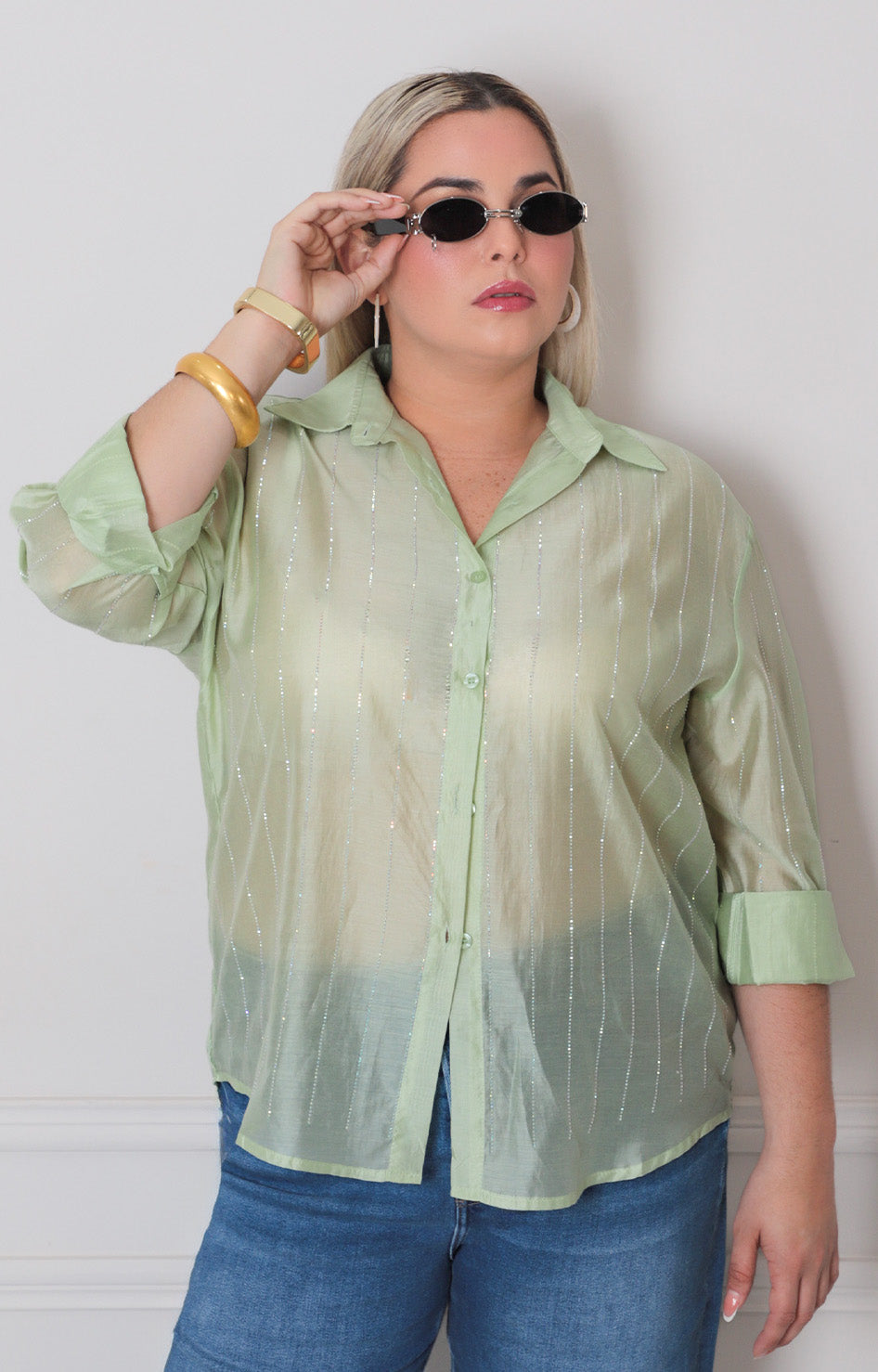 Blusa azul con manga larga - BLUSAS CURVY Boutiquemirel 