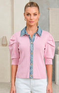 Blusa rosa tejida con cuello de mezclilla - BLUSAS REGULAR Boutiquemirel 