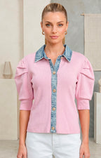 Blusa rosa tejida con cuello de mezclilla - BLUSAS REGULAR Boutiquemirel 