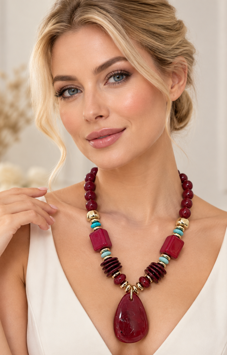 Collar llamativo de piedras vino con dije de gota